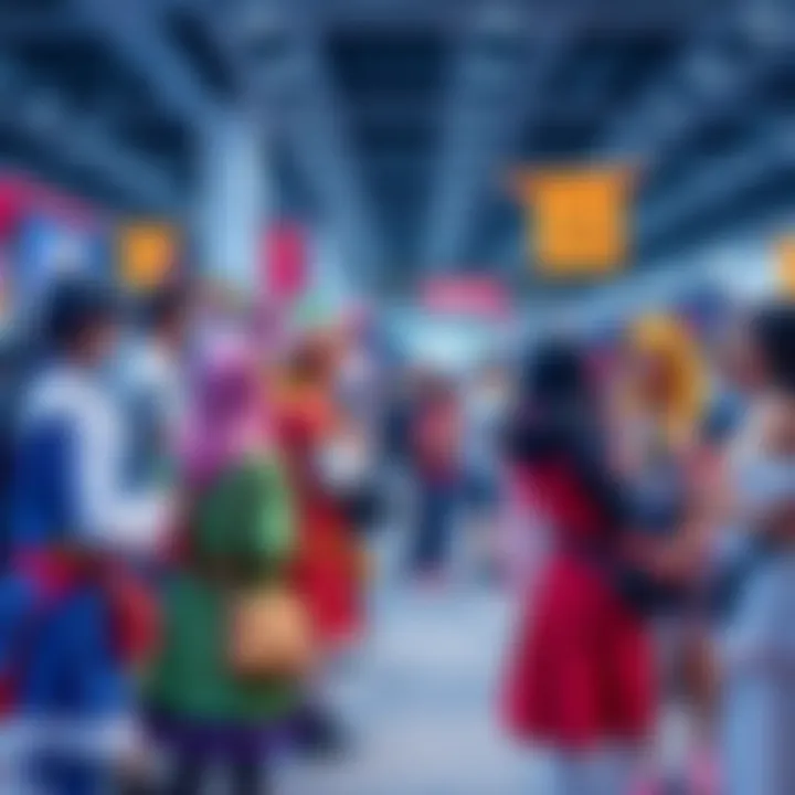 A group of anime fans dressed in various character costumes at a lively convention, sharing artwork and enjoying their community.