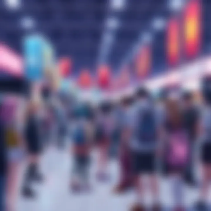 Group of anime fans gathered at a colorful convention, showcasing vibrant costumes and art