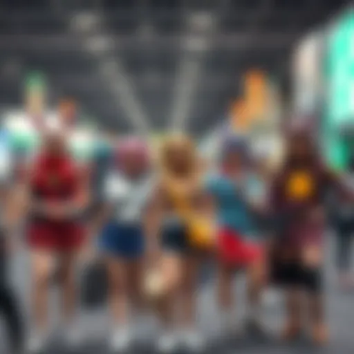 A group of fans wearing colorful anime-inspired clothing at a convention, showcasing their favorite characters.