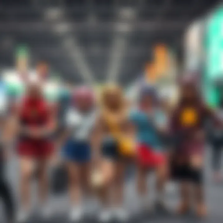 A group of fans wearing colorful anime-inspired clothing at a convention, showcasing their favorite characters.