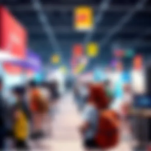 A group of anime fans in colorful costumes enjoying a convention, surrounded by booths and decorations celebrating anime culture