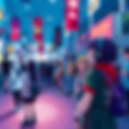 A group of anime fans dressed as their favorite characters enjoying a lively convention atmosphere filled with colorful banners and merch booths