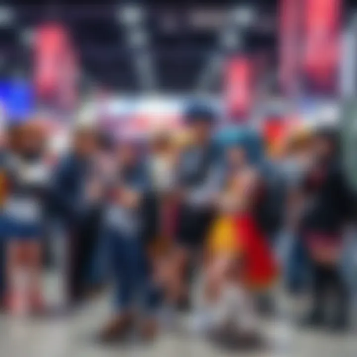 A group of anime fans in cosplay poses together at a vibrant convention, showcasing their favorite characters and enjoying the festive atmosphere.