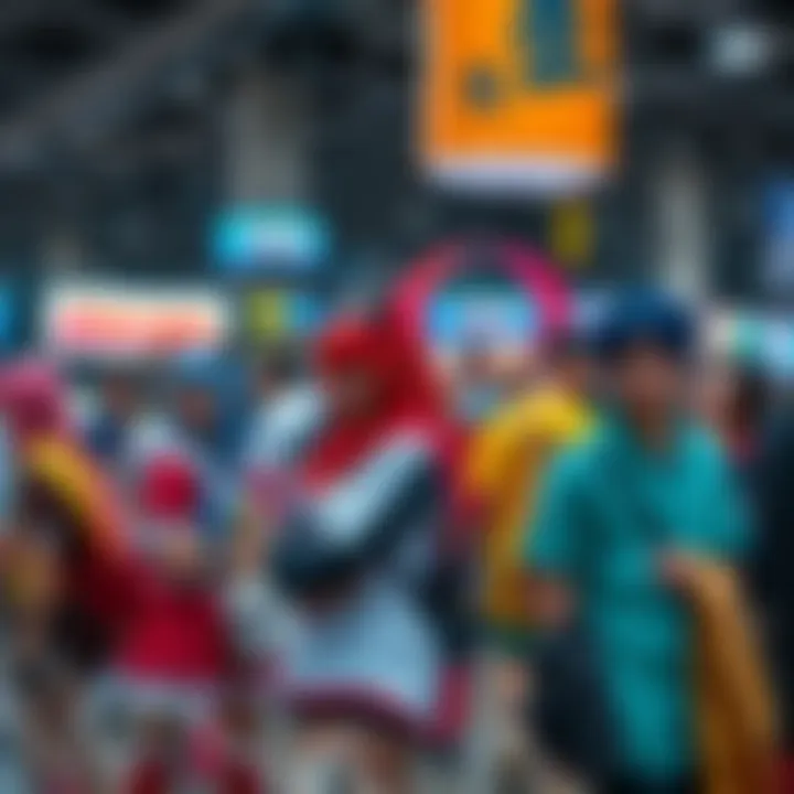 A group of anime fans wearing colorful costumes at a lively convention, engaging in activities and enjoying the event.