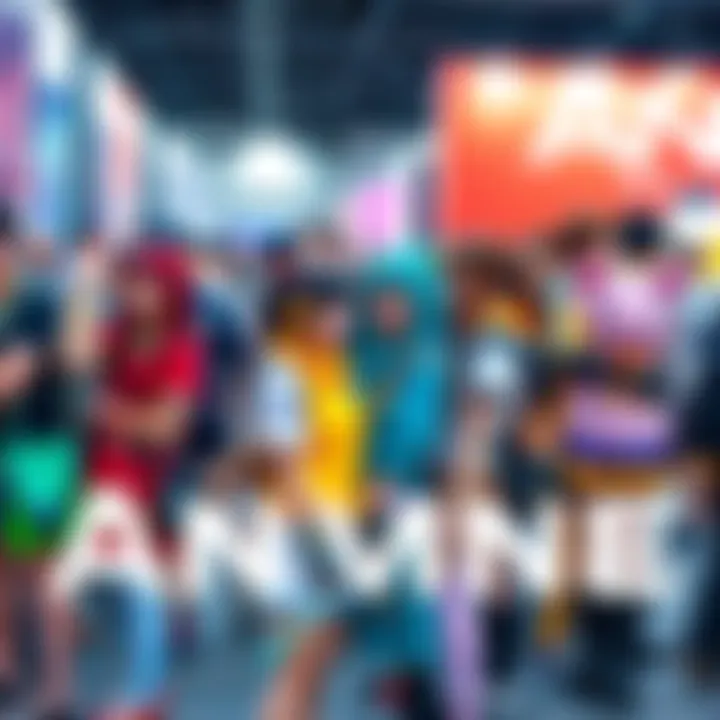 Group of anime fans in vibrant costumes at a convention, showcasing their favorite characters through cosplay
