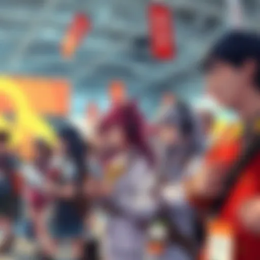 A group of anime fans dressed as their favorite characters, enjoying activities at an anime convention.