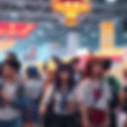 A group of people dressed as anime characters enjoying a convention with colorful decorations and activities.
