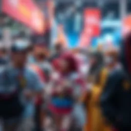A group of fans dressed in colorful anime costumes at a lively convention, showcasing their passion for anime culture.