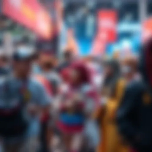 A group of fans dressed in colorful anime costumes at a lively convention, showcasing their passion for anime culture.