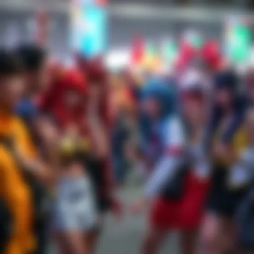A group of anime fans in colorful cosplay costumes celebrating at a convention