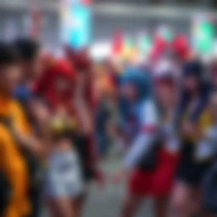 A group of anime fans in colorful cosplay costumes celebrating at a convention