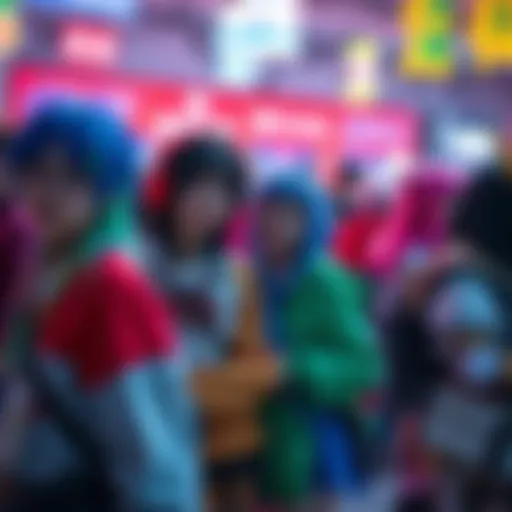 A group of fans dressed as popular anime characters at a lively event, showcasing their creativity and passion.