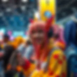 A group of anime fans in colorful costumes at a cosplay event, celebrating their favorite characters.