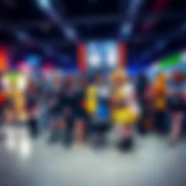 A group of people dressed as anime characters at a vibrant cosplay event, showcasing their costumes and posing together