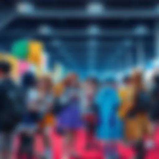 Group of fans dressed as popular anime characters at an outdoor convention, showcasing vibrant costumes and engaged in conversations.