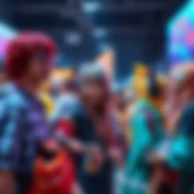 A group of anime fans dressed in colorful costumes, celebrating their favorite characters at a lively event.