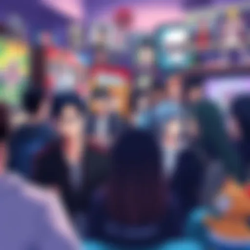A group of anime fans discussing their views, some looking frustrated while others seem indifferent, surrounded by posters and figures from popular anime series.