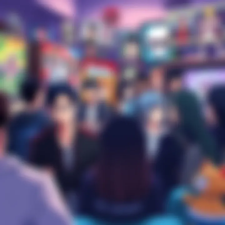 Anime Fans Debate A group of anime fans discussing their views, some looking frustrated while others seem indifferent, surrounded by posters and figures from popular anime series.