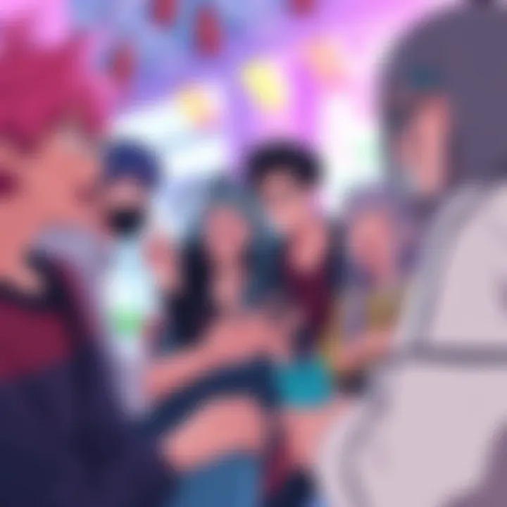A group of anime fans passionately discussing their favorite characters like Regto, Semiu, Gris, and Follo in a vibrant setting.