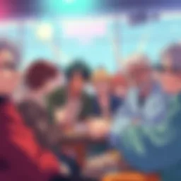 A group of older anime fans sharing opinions with a few younger fans in a lively discussion, showing mixed reactions.