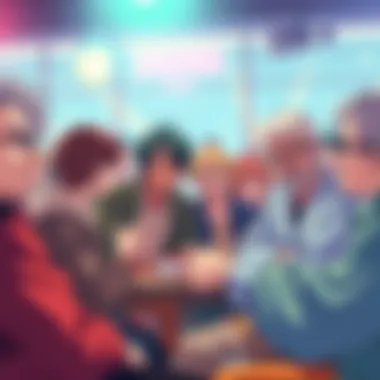 Anime fans discussing A group of older anime fans sharing opinions with a few younger fans in a lively discussion, showing mixed reactions.