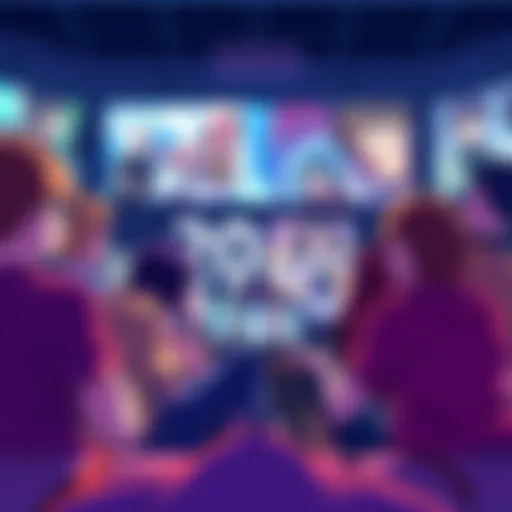 A group of anime fans engaging in a lively discussion while watching their favorite shows on screens.