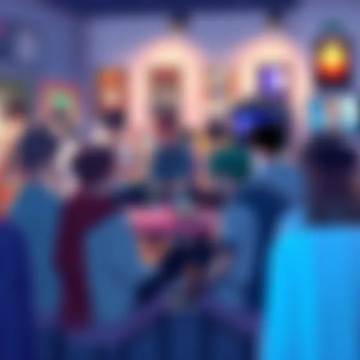 A group of anime fans discussing their favorite shows on a user forum, surrounded by anime posters and merchandise.