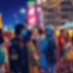 Group of anime fans dressed in colorful costumes engaging in a lively outdoor event, showcasing anime culture