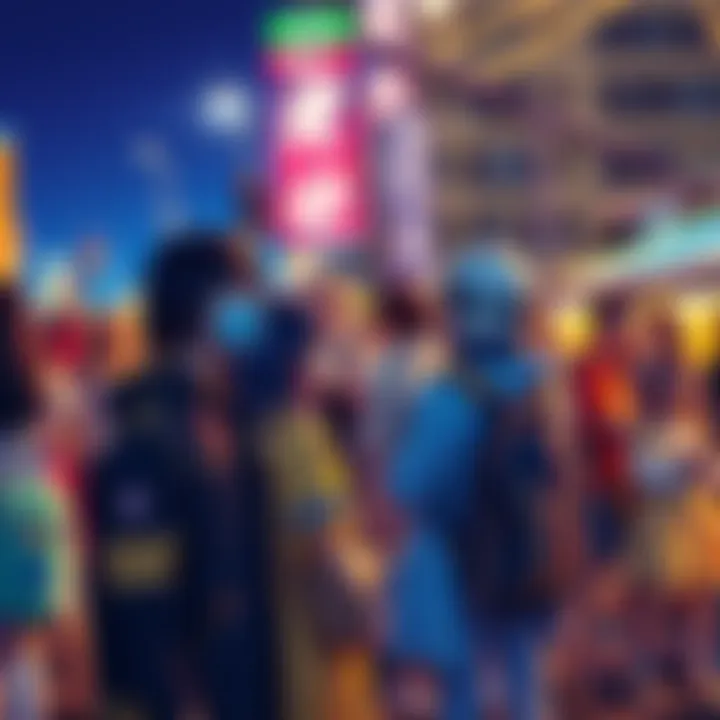 Group of anime fans dressed in colorful costumes engaging in a lively outdoor event, showcasing anime culture