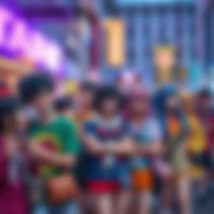 A group of anime fans in colorful costumes enjoying a community event, blending everyday life with anime culture.