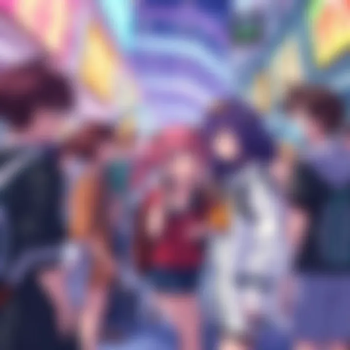 Anime characters interacting in a community setting A group of anime fans dressed as their favorite characters in a lively community event, showcasing friendship and enthusiasm.