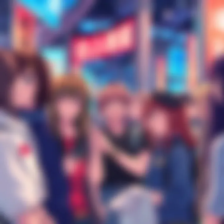 A group of anime fans sharing their love for characters and stories at a community event.