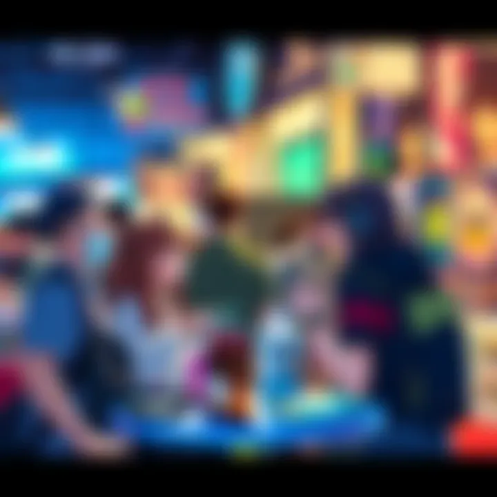 A group of anime fans enjoying a lively discussion at a community event, showcasing their favorite merchandise and art, creating a sense of friendship and shared passion.