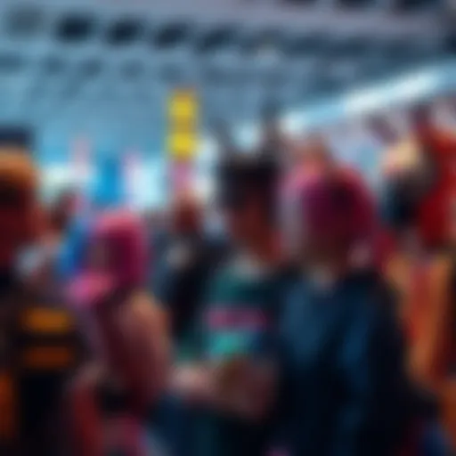 A group of anime fans in costumes attending a convention, celebrating their favorite series and characters.