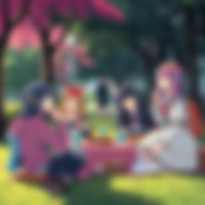 A group of fans dressed as anime characters enjoying a picnic in a park, showcasing their favorite show through costumes and props