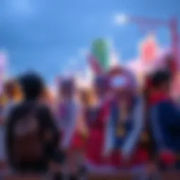 A group of people dressed as various anime characters at a lively street festival, showcasing their love for anime culture.