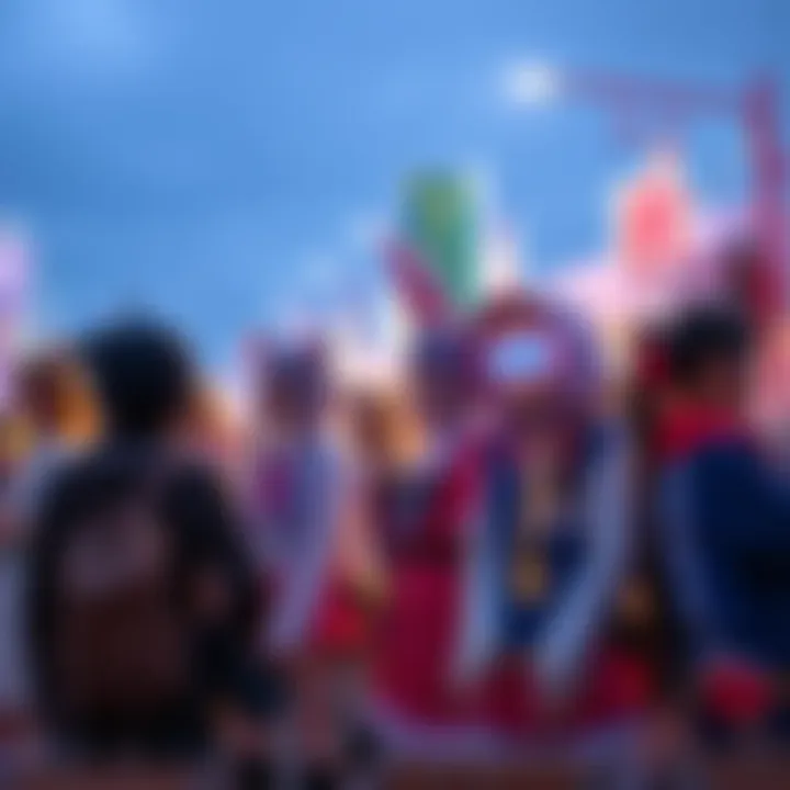 A group of people dressed as various anime characters at a lively street festival, showcasing their love for anime culture.