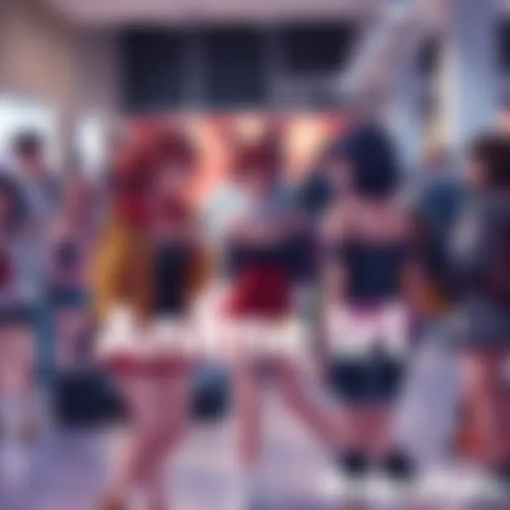 A group of anime fans dressed in colorful outfits inspired by their favorite characters, sharing laughs and chatting at a gathering.