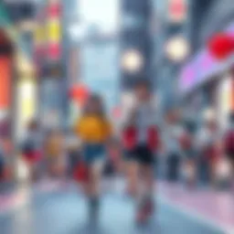 A vibrant street scene showing people wearing colorful anime-inspired outfits and accessories, blending anime culture with real life.