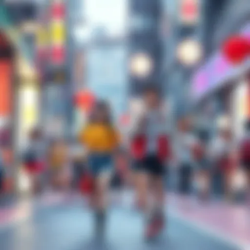 A vibrant street scene showing people wearing colorful anime-inspired outfits and accessories, blending anime culture with real life.
