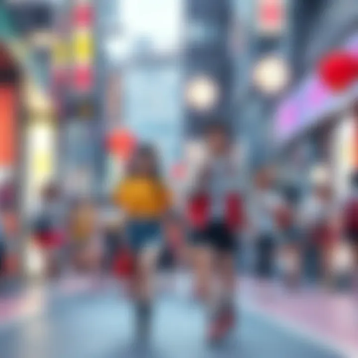 A vibrant street scene showing people wearing colorful anime-inspired outfits and accessories, blending anime culture with real life.