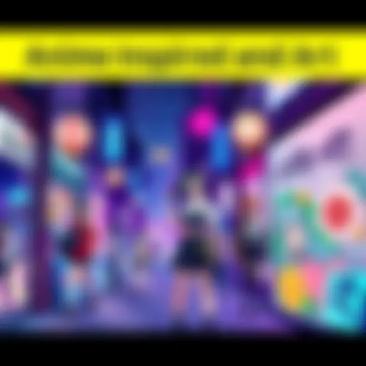 A vibrant street scene showcasing people in anime-inspired clothing and colorful art, reflecting the influence of anime on real-life culture.