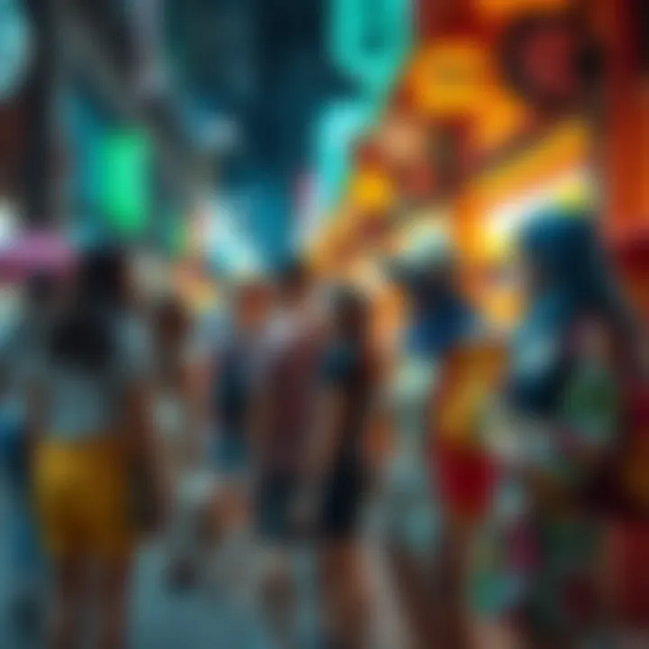 A group of friends wearing colorful anime-inspired outfits at a street festival, showcasing anime's influence on fashion and lifestyle.