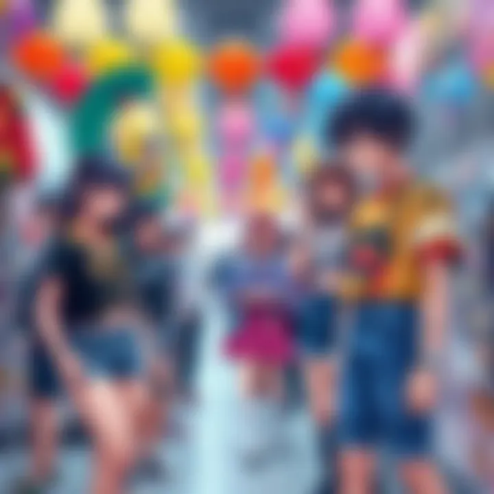A group of young people showcasing anime-inspired fashion during a community event, surrounded by colorful decorations and merchandise.