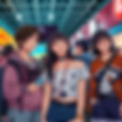 A group of friends wearing anime-themed clothing and accessories, enjoying a cultural event together.