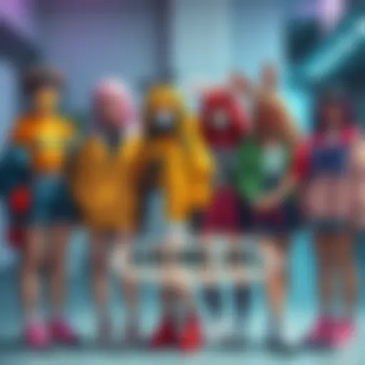 A group of friends dressed in colorful outfits inspired by anime characters, showcasing unique styles and vibrant accessories.