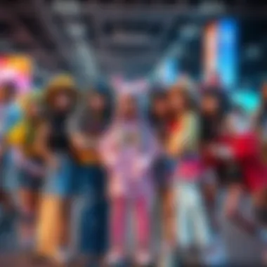 A group of friends in colorful anime-inspired outfits smiling and posing at a convention