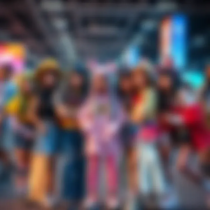 Anime-Inspired Fashion A group of friends in colorful anime-inspired outfits smiling and posing at a convention