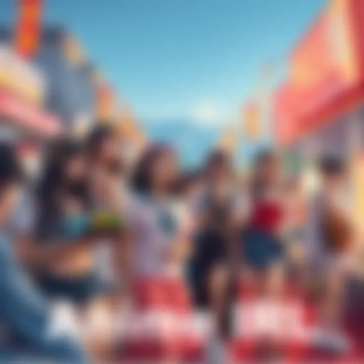 A collage of people wearing anime-inspired outfits at a street fair, showcasing vibrant colors and styles reflecting popular anime characters.