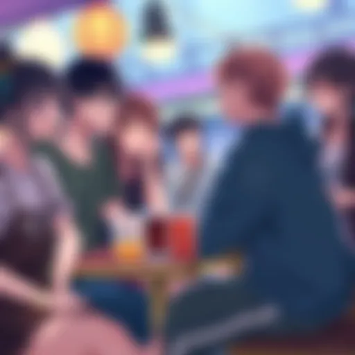 Group of friends wearing anime-themed outfits, enjoying time together at a cafe